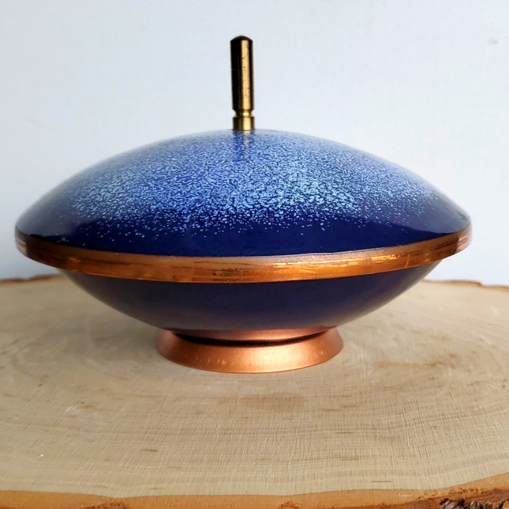 Mid Century Vintage Copper Cobalt Blue Enameled Covered Candy Dish West Germany